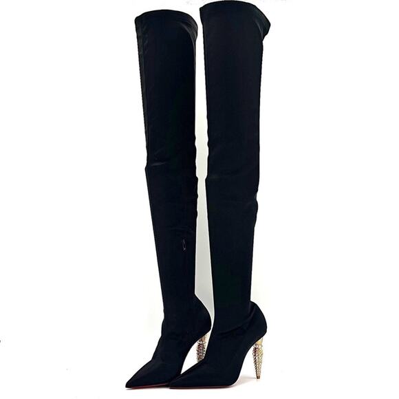NEW Christian Louboutin Lipstrass Botta Alta Crystal Embellished OTK Boots 37.5 - Picture 1 of 9